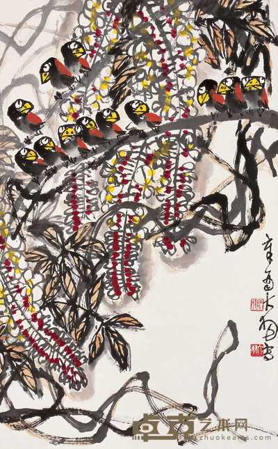 陈大羽 辛酉(1981年)作 紫藤腊嘴 立轴 96×58.5cm